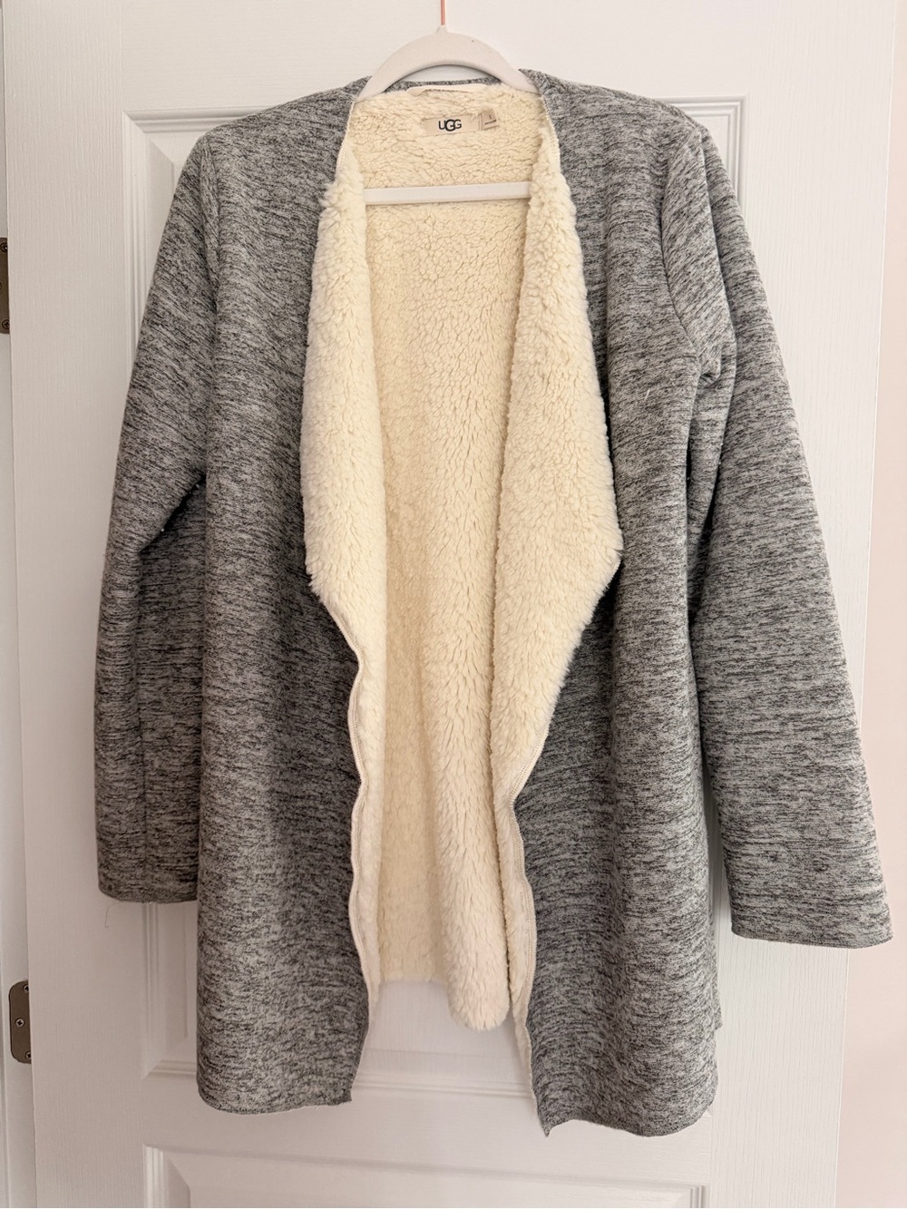 UGG Gray Knit Open-Front Cardigan with Cream Sherpa Lining